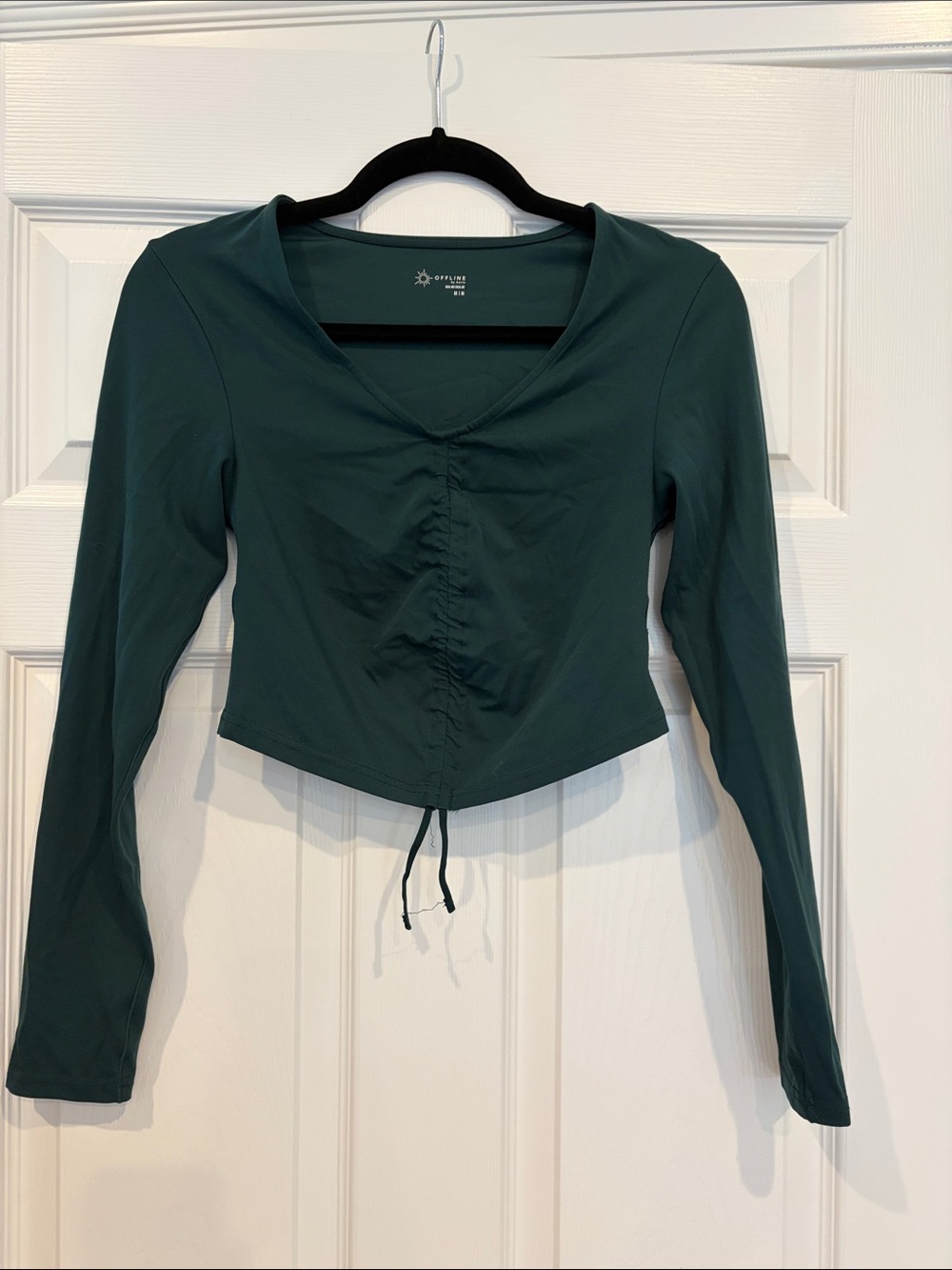 aerie Forest Green Long Sleeve Ruched Drawstring Crop Top